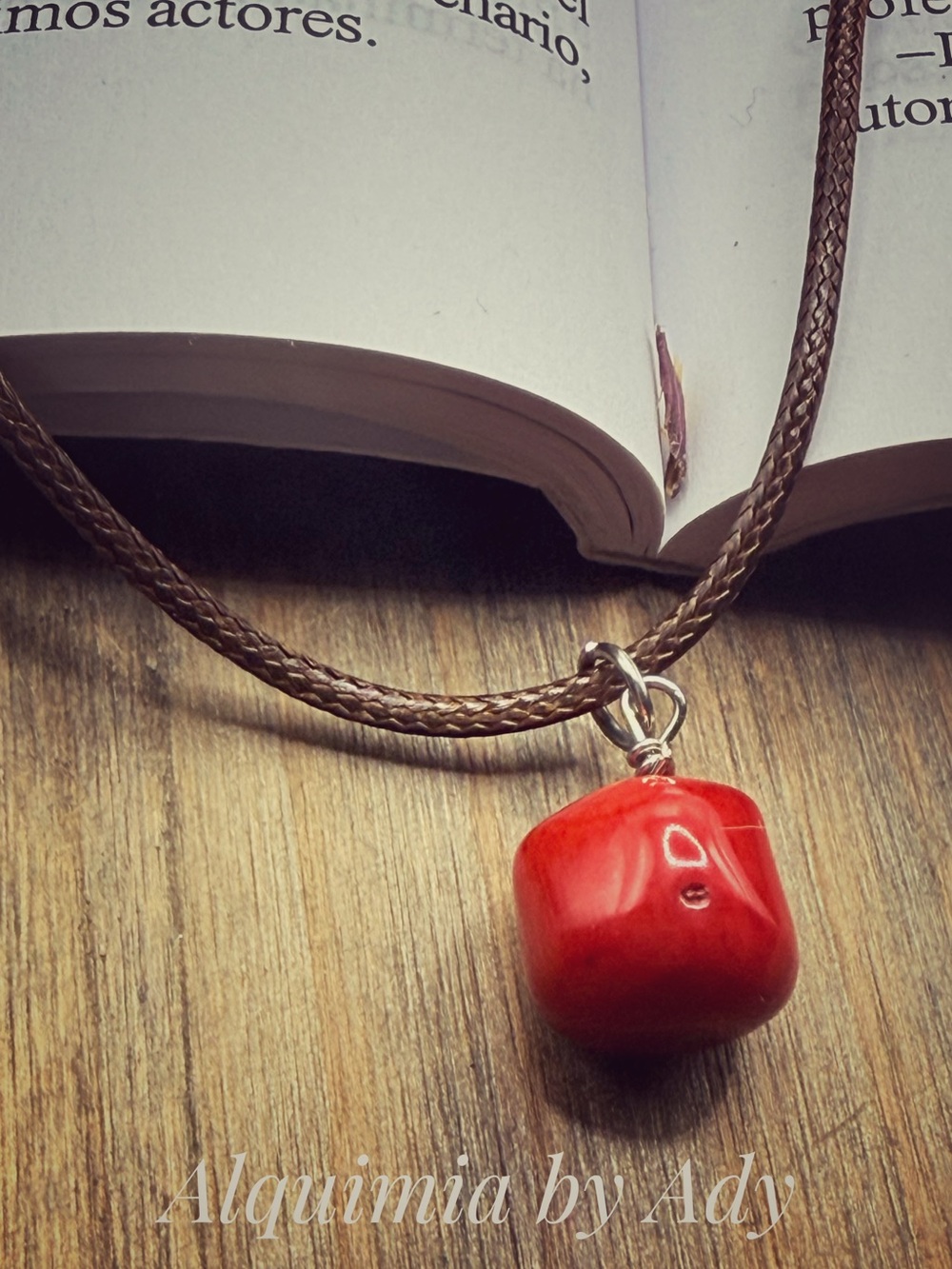 Red Coral 🪸 Cube Necklace on Braided Brown Cord